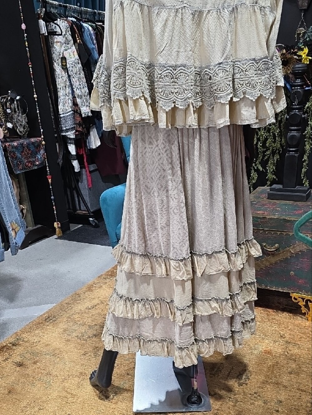 SOLD! Young Threads Latte Boho Cream Maxi Skirt with Layered Ruffles - Picture 8 of 10